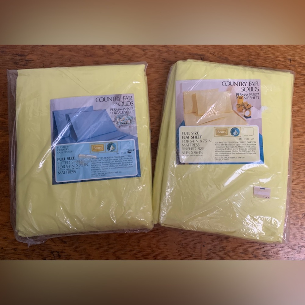 Vtg Sears Slumber Shop Country Fair Solids Full Size Sheets Flat&Fitted Yellow